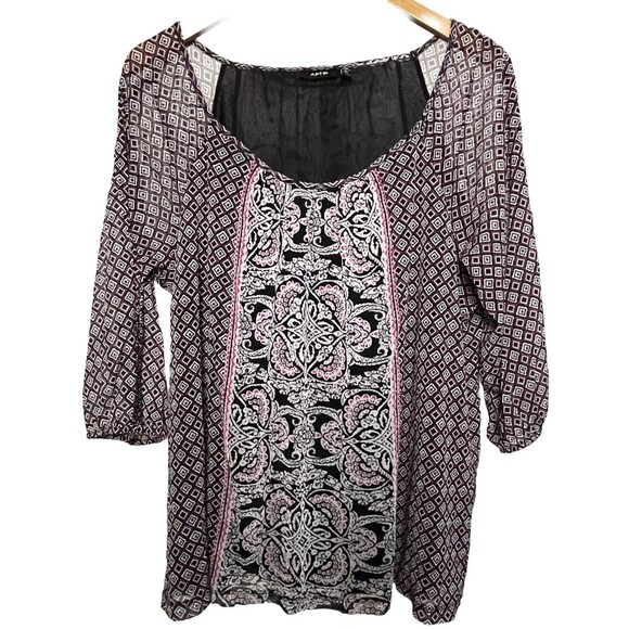 Apt 9‎ Top Puff Sleeve Scoop Black Pink Blouse Sheer Lined Plus 0X Boho Peasant - Picture 1 of 3